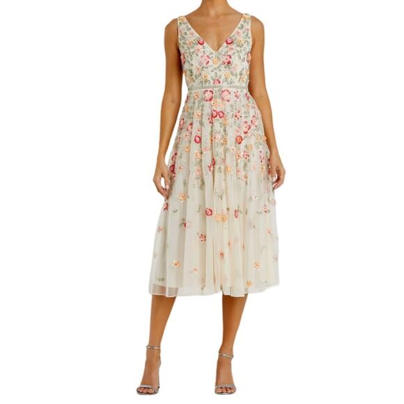 Mac Duggal White V-Neck Sleeveless Midi Floral Beaded A-line Dress 5527 Sz 12 - Picture 1 of 9